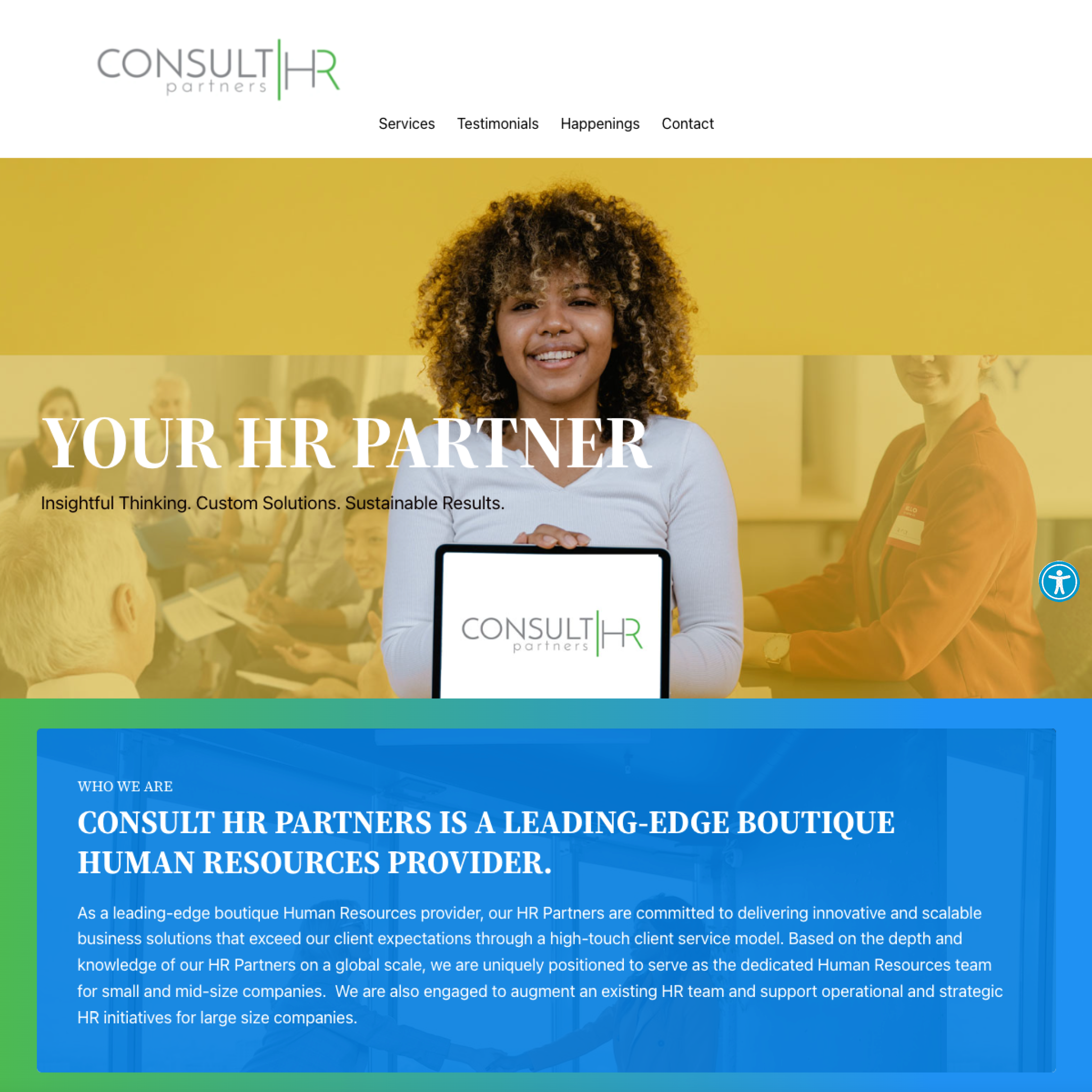 Screenshot of home page of new Consult HR Partners' Website Homepage