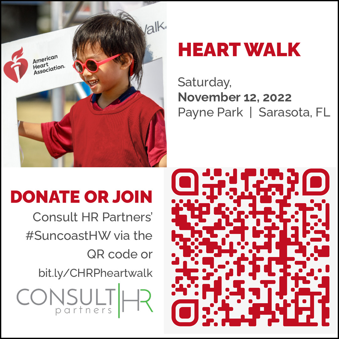American Heart Association Heart Walk composite image with Consult HR Partners logo, little boy in race and QR code for donations to CHRP Team